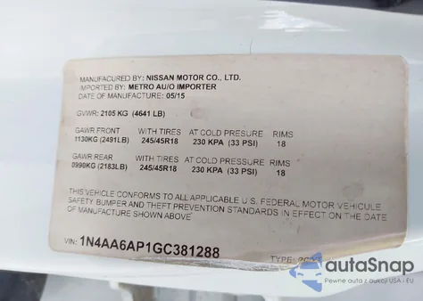 2016 Nissan Maxima 3.5 Platinum/3.5 S/3.5 Sl/3.5 Sr/3.5 Sv from USA, damaged, VIN 1N4AA6AP1GC381288